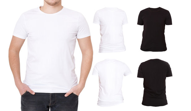 Collage T Shirts. Black, White. Front and back view Shirt. Template. Macro tshirt set isolated. Blank background advertising
