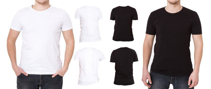 Tshirt set isolated on white background. Back and Front view Shirts. Template, Blank copy space and mock up on t-shirt. Man