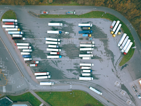 Drone Aerial View Of Car Park Truck Stop