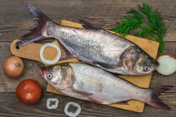 Fresh fish on a wooden table