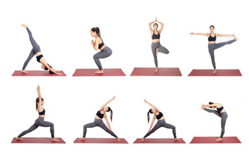 collection set of young asian woman in sportswear practicing yoga on the mat in different poses isolated on white background, exercise fitness, sport training and healthy lifestyle concept