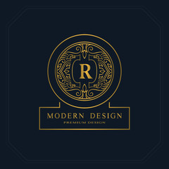 Gold Line graphics monogram. Elegant art logo design. Letter R. Graceful template. Business sign, identity for Restaurant, Royalty, Boutique, Cafe, Hotel, Heraldic, Jewelry, Fashion. Vector elements