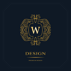 Gold Line graphics monogram. Elegant art logo design. Letter W. Graceful template. Business sign, identity for Restaurant, Royalty, Boutique, Cafe, Hotel, Heraldic, Jewelry, Fashion. Vector elements