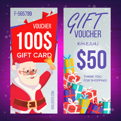 Christmas Voucher Vector. Vertical Banner. Merry Christmas. Santa Claus And Gifts. End Of The Year Advertisement. Cute Gift Illustration