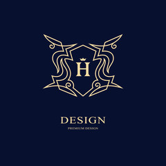 Line graphics monogram. Elegant art logo design. Letter H. Graceful template. Business sign, identity for Restaurant, Royalty, Boutique, Cafe, Hotel, Heraldic, Jewelry, Fashion. Vector elements