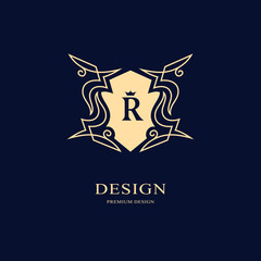 Line graphics monogram. Elegant art logo design. Letter R. Graceful template. Business sign, identity for Restaurant, Royalty, Boutique, Cafe, Hotel, Heraldic, Jewelry, Fashion. Vector elements