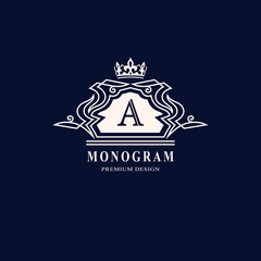 Line graphics monogram. Elegant art logo design. Letter A. Graceful template. Business sign, identity for Restaurant, Royalty, Boutique, Cafe, Hotel, Heraldic, Jewelry, Fashion. Vector elements