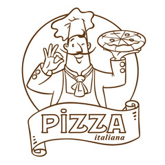 Funny italian chef with pizza. Emblem design
