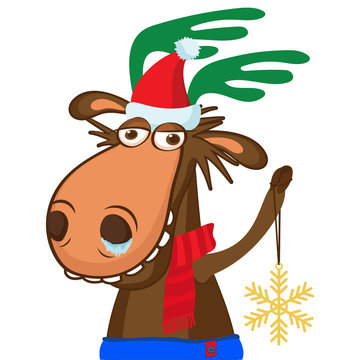 Santa Claus's Reindeer. Moose Portrait In A Santa Cap. Funny Cartoon Smile Deer Vector Holyday Image. Funny Deer With Snowflake.