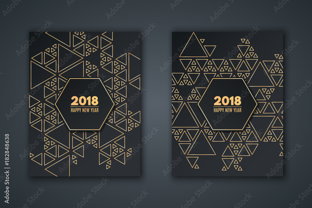 Poster elegant invitation card for the new year. pattern mosaic made of golden triangles of thin lines on a