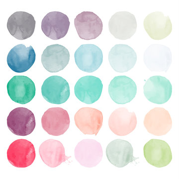 Set of watercolor shapes. Watercolors blobs. Set of colorful watercolor hand painted circle isolated on white. Illustration for artistic design. Round stains, blobs of different color