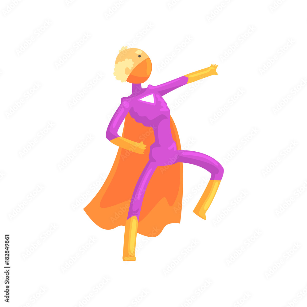 Poster grandfather character in comics superhero suit with orange cape and mask. cartoon elderly man with s