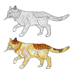 Cat doodle cartoon animal for coloring book. Vector illustration cat coloring with sample isolated on white.