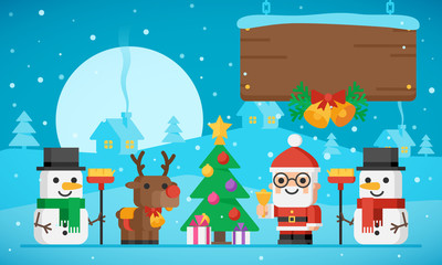 Fototapeta premium Christmas Illustration Christmas Tree Santa Claus Reindeer and Snowmen