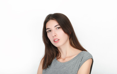 Excited happy looking woman. Closeup of happy mixed race asian caucasian female model isolated on white background.