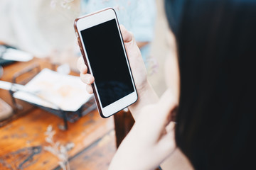 Women use cellphone for texting message rea view blank screen