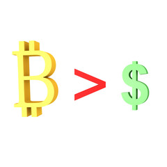 3D illustration showing the bitcoin overtaking the dollar