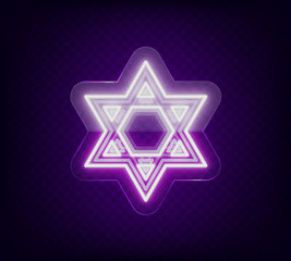 Obraz premium Star of David, neon sign. The symbol of Judaism. Vector illustration. Neon sign on transparent glass