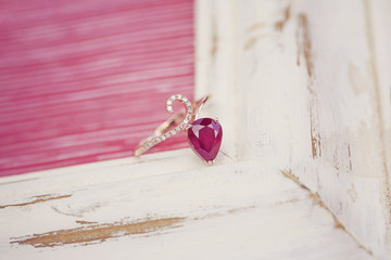 Luxury ring with gemstone ruby in drop shape