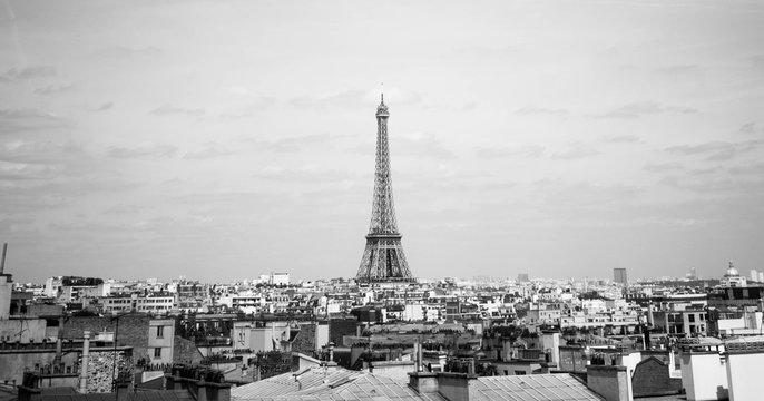 Eiffel Tower in Paris from distance in Black and White