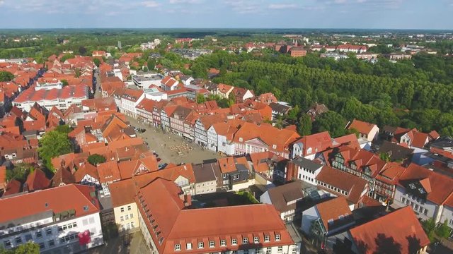 Aerial view of Celle skyline and homes at sunset, Germany