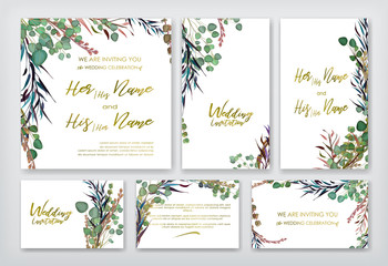 Fototapeta na wymiar Wedding invitation frame set; flowers, leaves, watercolor, isolated on white. Sketched wreath, floral and herbs garland with green, greenery color. Handdrawn Vector Watercolour style, nature art.