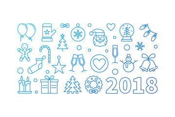 Blue Happy New Year 2018 vector line illustration or banner