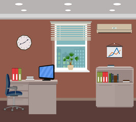 Office room interior design. Inside workplace with furniture, computer, clock, air conditioner and window.