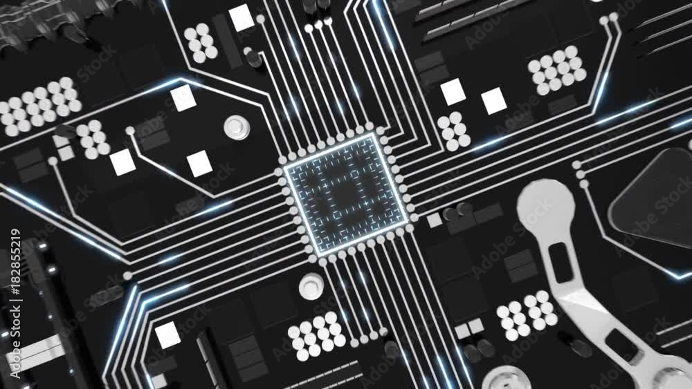 Poster seamless looping 3d animated futuristic motherboard data tunnel in 4k resolution