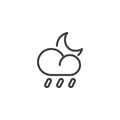 Heavy rain cloud and crescent line icon, outline vector sign, linear style pictogram isolated on white. Rainy night weather symbol, logo illustration. Editable stroke