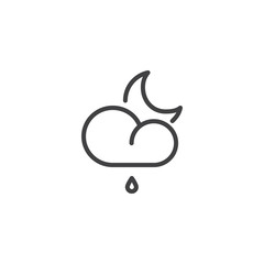 Rainy cloud and crescent moon line icon, outline vector sign, linear style pictogram isolated on white. Rain night weather symbol, logo illustration. Editable stroke