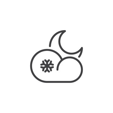 Cloud snow and crescent moon line icon, outline vector sign, linear style pictogram isolated on white. Snowflake and cloudy night weather symbol, logo illustration. Editable stroke