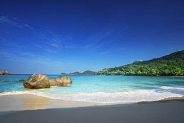 sunset on the beach Takamaka, Mahe island, Seychelles