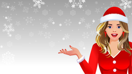 Surprised Santa Girl, Christmas, Offer, Discount, Sale, New year, Snowflake, Snowing, Background