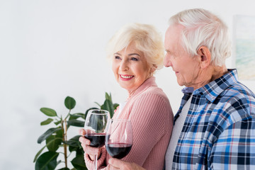 portrait of happy senior wife and husband with glasses of red wine at home