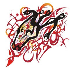 Grunge flaming horse head with snakes. Tribal creative mystic horse head, at which instead of a mane coiling snakes with colorful twirled ornate elements