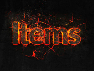 Items Fire text flame burning hot lava explosion background.