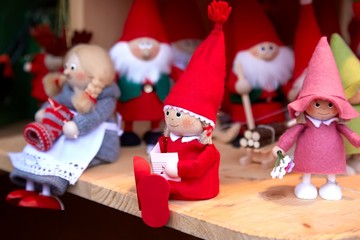 Colorful Christmas handmade decorations and souvenirs on Christmas market