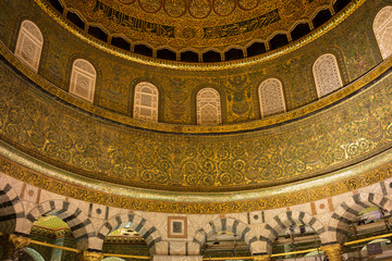 BAITULMUQADDIS, PALESTINE - 11TH NOV 2017; Internal view of Dome of the Rock Islamic Mosque Temple Mount, Jerusalem, where Prophet Mohamed ascended to heaven on an angel in his "night journey".