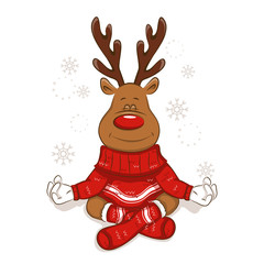 Fototapeta premium A cute Christmas reindeer is engaged in yoga. Meditates. Lotus pose It's is wearing a warm knitted sweater and socks with ornament. Isolated. Vector for your design.