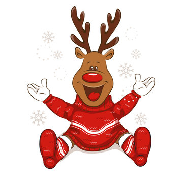 A cute Christmas reindeer is greeting you! It's is wearing a warm knitted sweater and socks with ornament. Isolated. Vector for your design.