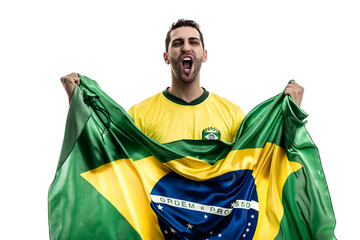 Obraz premium Brazilian fan celebrating on white background