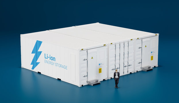 Concept of advanced battery energy storage facility made of shipping containers. 3d rendering.