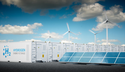 Power to gas concept with fresh sunny sky. Hydrogen energy storage with renewable energy sources - photovoltaic and wind turbine power plant farm. 3d rendering. © malp