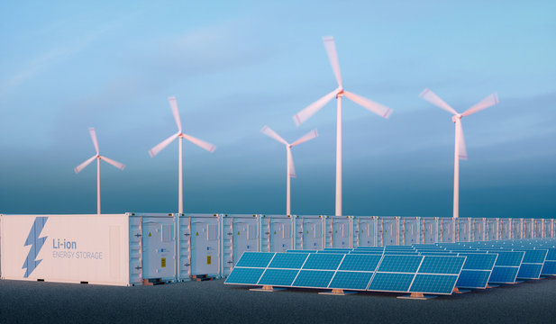 Battery energy storage concept in nice morning light. Li-ion battery energy storage with renewable energy sources - photovoltaic and wind turbine power plant farm. 3d rendering.