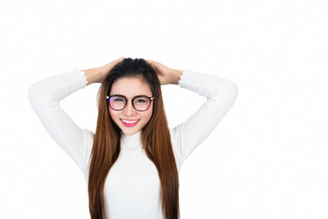 Fototapeta premium Smiling young business woman portrait in white long sleeve on white background