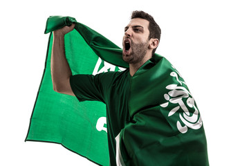 Saudi Arabia fan celebrating on white background