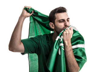 Saudi Arabia fan celebrating on white background