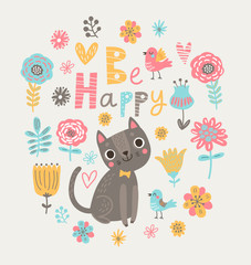 Obraz premium Floral background with cat and birds