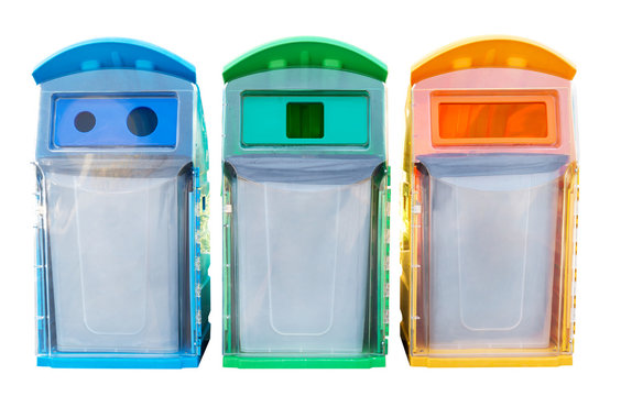 Recycle bin,Trash has a green ,3 color bins, bin